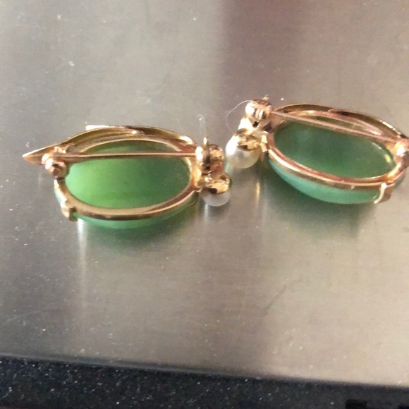 Two 14k yg lady’s pins nephrite Jade cabochon - Picture 3 of 5